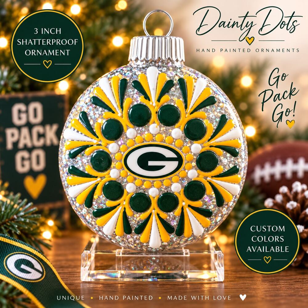 Hand Painted Green Bay Packers 3" Shatterproof Ornament Green Gold Dainty Dots